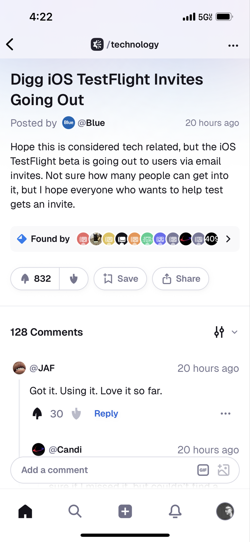 A social media post discusses iOS TestFlight invites for Digg, inviting users to help test the app, with several comments and reactions visible.