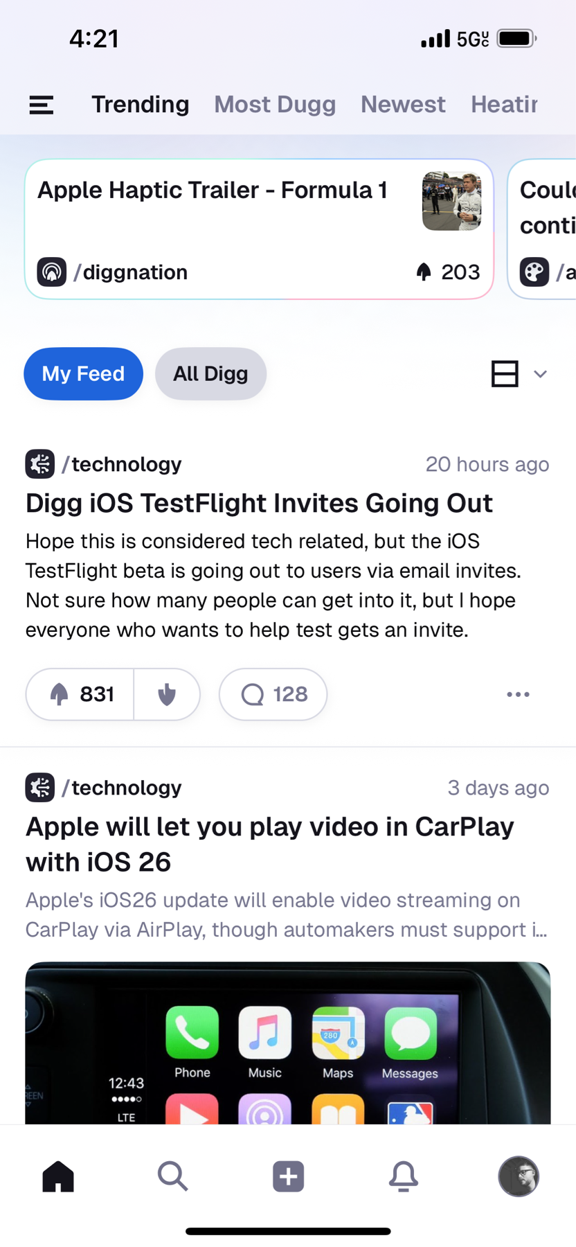 A Facebook post features two technology-related articles, one about Digg iOS TestFlight invites and the other about Apple's iOS 26 update for CarPlay video streaming.