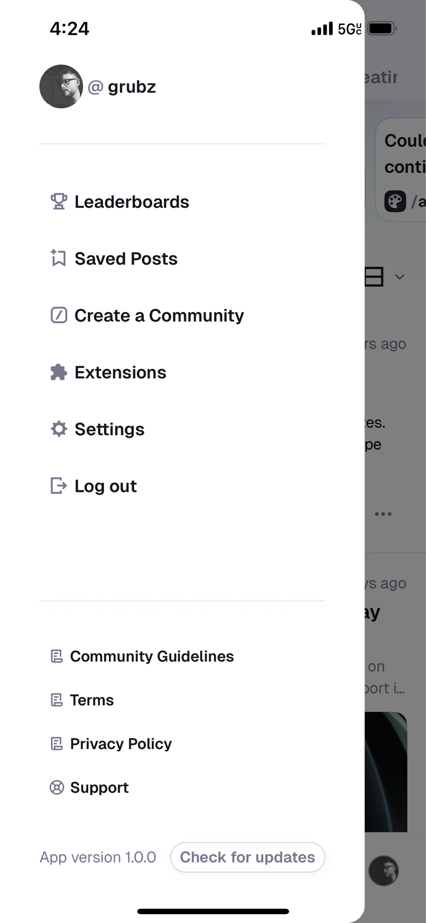A menu from a mobile app displays options like Leaderboards, Saved Posts, Create a Community, Extensions, Settings, and Log out, along with additional sections at the bottom.
