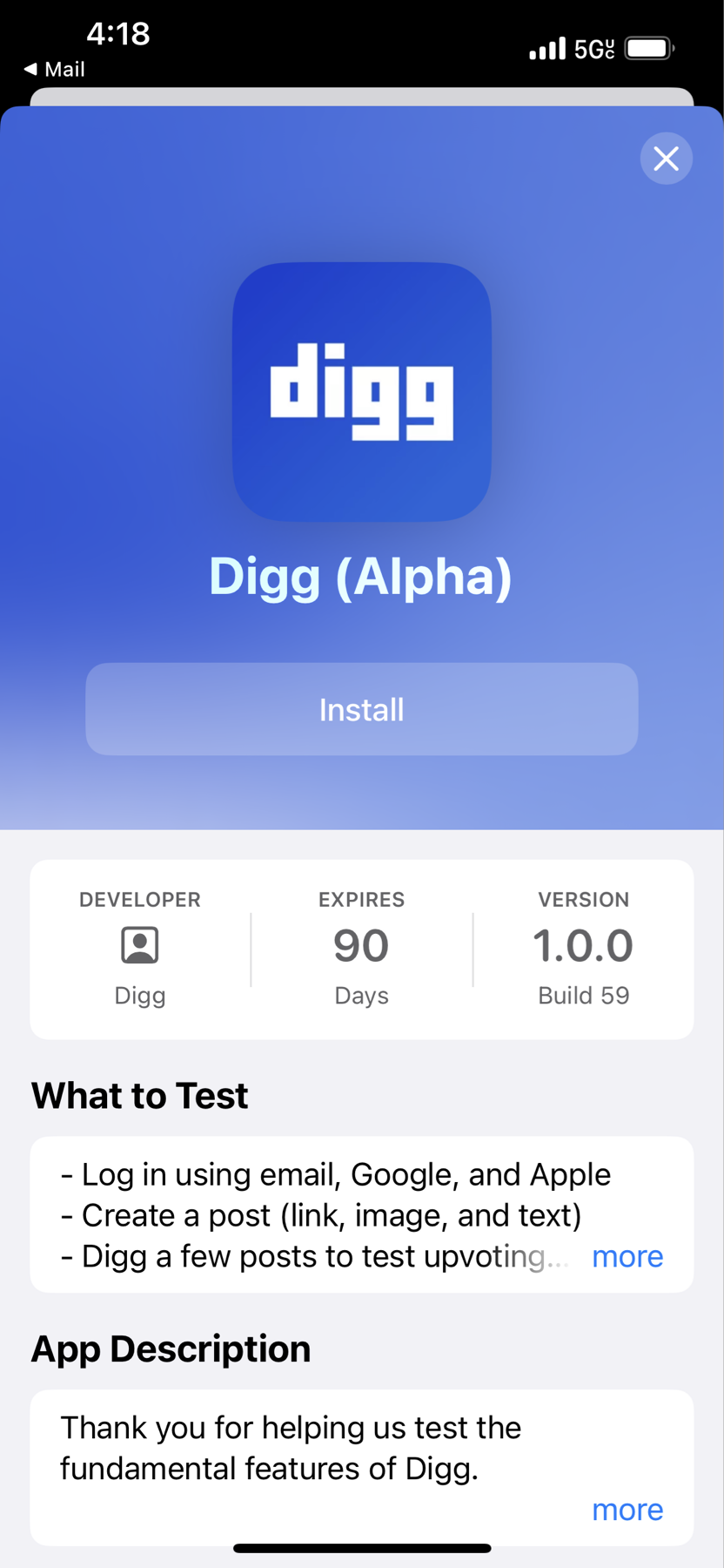 An app installation screen for Digg (Alpha) shows details such as the developer, days in existence, version, and testing instructions.